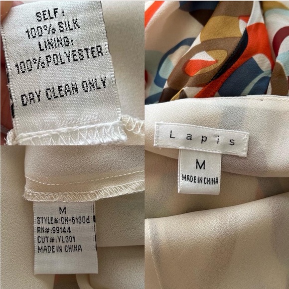 Vintage Y2K Lapis 100% Silk Geometric Print Dress Ruffle Neckline Retro Medium. - Picture 6 of 7